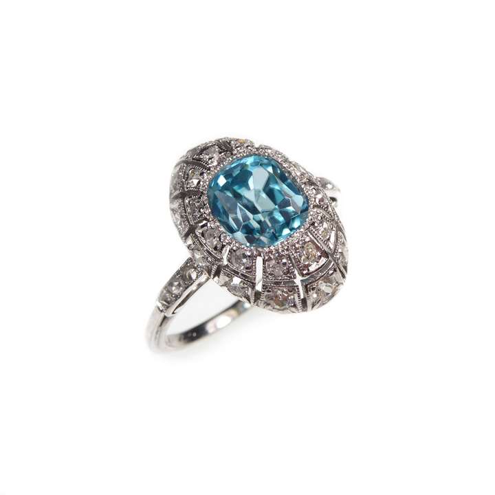 Art Deco blue zircon and diamond oval bombe cluster ring
